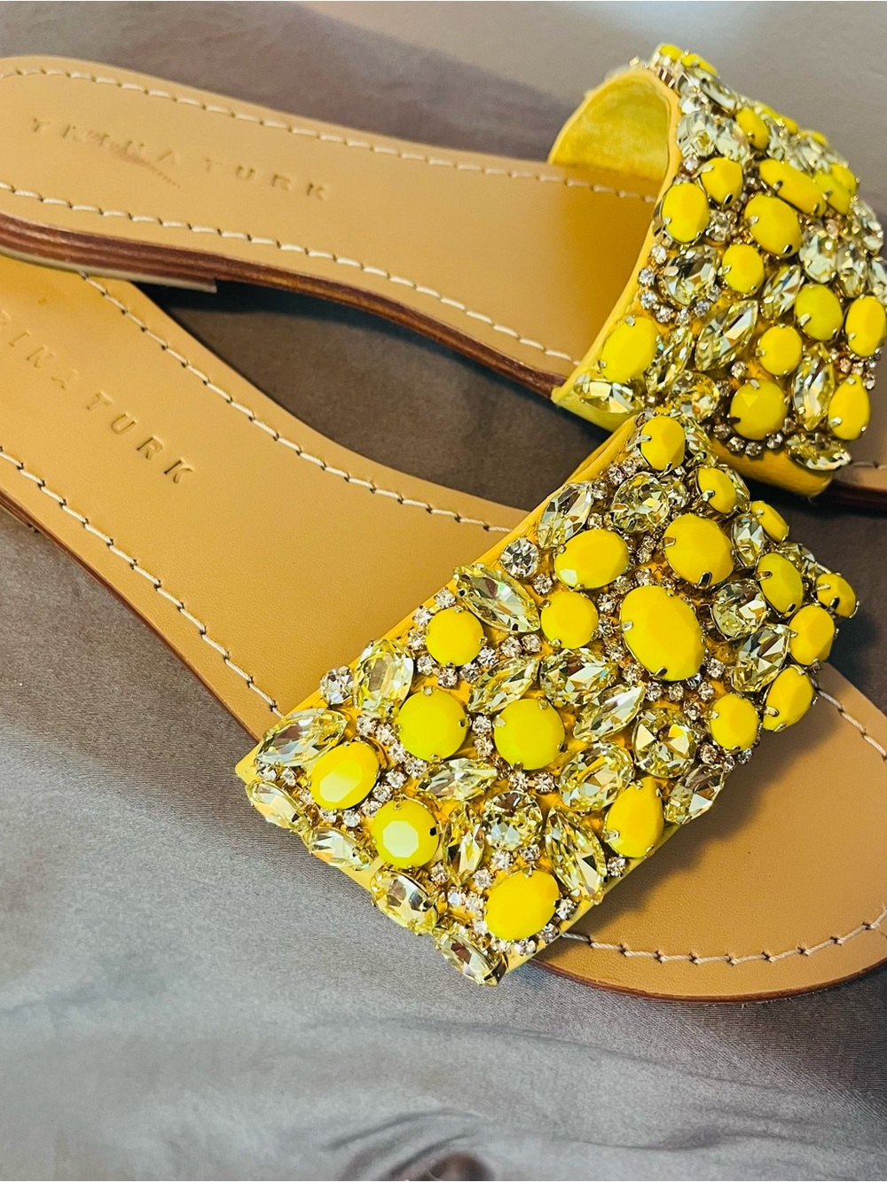 Trina Turk Yellow Jeweled Slide Sandals with Crystal Embellishments - Picture 2 of 7